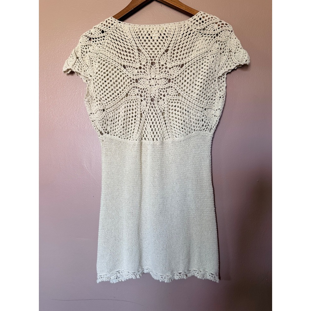 Sigrid Olsen Small Cream Crochet Cardigan Top Cap Sleeve Ramie Cotton Boho - Picture 6 of 11